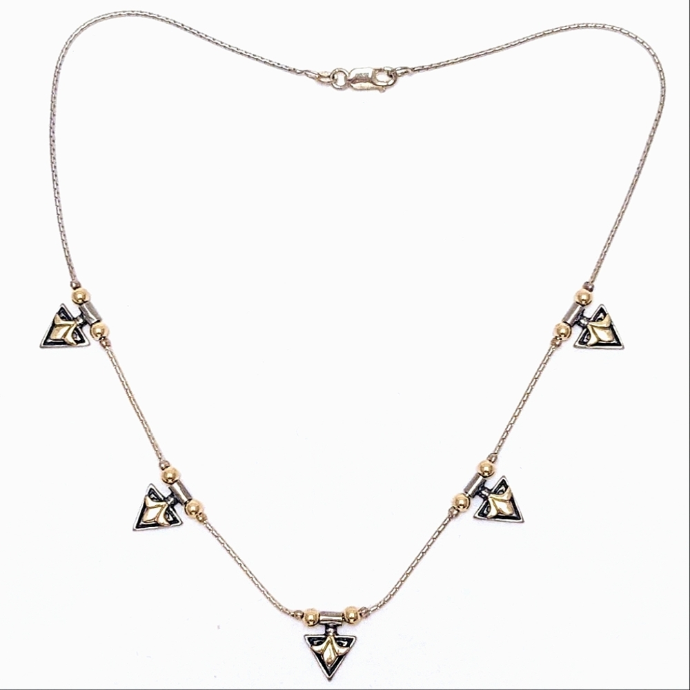 14K Gold Fleur de Lis Sterling Silver Triangle Station Necklace 17in